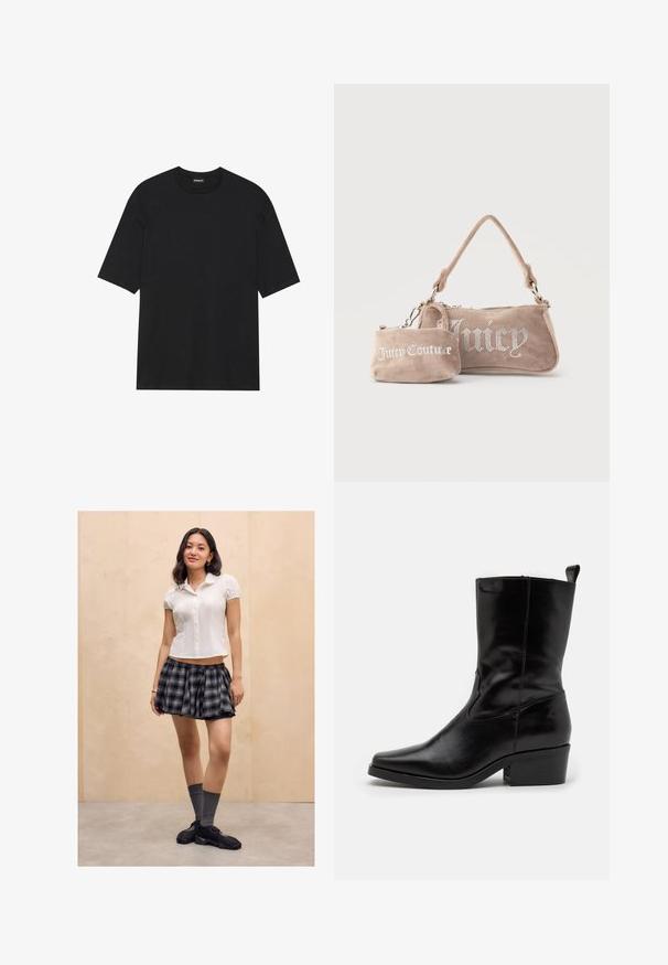 T-shirt noir à manches courtes en coton. Il possède un col rond et un ourlet droit. Design minimaliste sans motifs ni accents.; Jeune femme se tenant à l'intérieur, portant un blouse blanche à manches courtes, une jupe à carreaux noire et grise, des chaussettes grises et des baskets noires.; Bottines en cuir noir avec un bout pointu, un petit talon carré et un détail de couture. Elles sont dotées de panneaux élastiques sur les côtés pour un enfilage facile.; Deux sacs en daim beige Juicy Couture, l'un un petit porte-poignet avec logo, l'autre un sac à bandoulière avec le texte "Juicy" en strass.