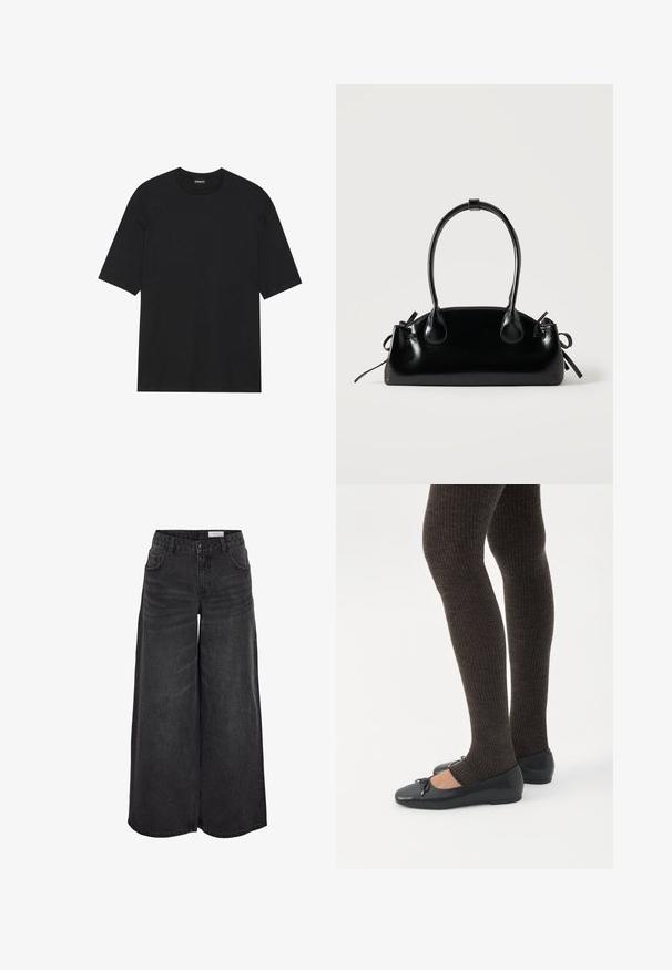 T-shirt noir à manches courtes en coton. Il possède un col rond et un ourlet droit. Design minimaliste sans motifs ni accents.; Pantalons en denim noir à jambes larges avec taille haute, poches avant et texture subtile ; conçus pour un ajustement décontracté.; Jambes portant des leggings côtelés foncés associés à des ballerines noires avec de petits détails en nœud sur fond blanc.; Petit sac à main noir brillant avec deux longues anses et des détails à cordon sur les côtés sur un fond clair uni.