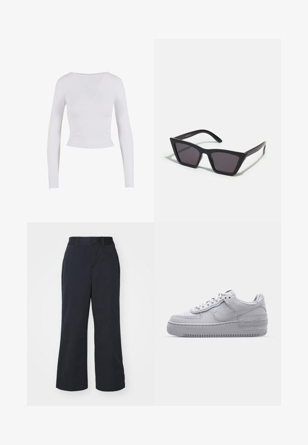 Hvid langærmet cropped top med rund halsudskæring, lavet af et glat, strækbart stof, med en tætsiddende pasform og ingen synlige lukninger.; Sorte brede bukser i glat stof med en standard talje og sidelommer. Minimalistisk design uden synlige mønstre.; Grå Nike Air Force 1 sneakers med perforeret tå, glat læderoverdel, tyk sål og præget 'AIR' detalje på hælen.; Sorte, kantede solbriller med grå linser; lavet af plast, med tykke stænger med en glat overflade og ingen synlig hardware.