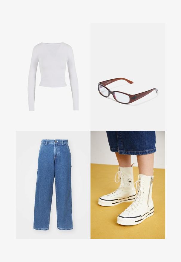 Hvid langærmet cropped top med rund halsudskæring, lavet af et glat, strækbart stof, med en tætsiddende pasform og ingen synlige lukninger.; Blå denim wide-leg bukser med høj talje, knaplukning og sidelommer. Bleget vask med en blød tekstur og lige snit.; Hvide høj-top sneakers med lynlåslukning, snørresystem og sorte striber på en tyk sål. Tekstureret kanvasmateriale.; Brune-farvede rektangulære briller med en glat overflade, der har slanke arme og gennemsigtige linser. Logoet er synligt på venstre temple.
