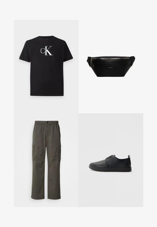 Schwarzes Baumwoll-T-Shirt mit einem silbernen "ck"-Logo auf der Vorderseite. Kurzärmlig und mit einem runden Halsausschnitt in regulärer Passform.; Cargo-Hosen in dunkelgrau mit elastischem Bund, zwei Seitentaschen und entspannter Passform. Hergestellt aus strapazierfähigem Stoff mit glatter Textur.; Schwarze Leder-Sneaker mit glatter Oberfläche, abgerundeter Zehenpartie, gleichfarbiger Nähte, schnürbarem Vorderteil und flacher Gummisohle. Schlaufe an der Ferse.; Schwarze Leder-Calvin Klein Gürteltasche mit silbernem Reißverschluss und verstellbarem Riemen, minimalistisches Logo vorne mittig.