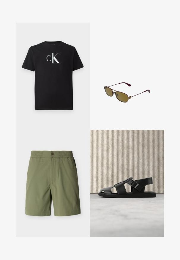 Schwarzes Baumwoll-T-Shirt mit einem silbernen "ck"-Logo auf der Vorderseite. Kurzärmlig und mit einem runden Halsausschnitt in regulärer Passform.; Olivgrüne, strukturierte Herren-Shorts mit elastischem Bund, Knopfverschluss und Seitentaschen.; Schwarze Ledersandale mit Schnallenriemen, offenem Zehendesign, präsentiert auf beigem Teppich vor unscharfem braunem Möbelhintergrund.; Braune ovale Sonnenbrille mit dünnem Metallgestell und Nasenpads, schlanke Bügel mit Kunststoffenden, in seitlicher schrägeansicht dargestellt.
