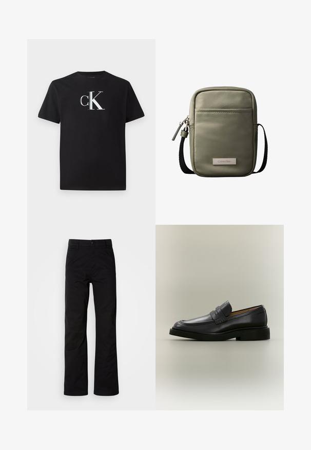 Schwarzes Baumwoll-T-Shirt mit einem silbernen "ck"-Logo auf der Vorderseite. Kurzärmlig und mit einem runden Halsausschnitt in regulärer Passform.; Schwarze Baumwollhosen mit geradem Bein, ausgestattet mit einem Knopfverschluss und Gürtelschlaufen. Glatte Textur und minimalistischer Stil ohne sichtbare Muster.; Schwarzer Leder-Herrenloafer mit niedrigem Absatz und Riemendetail über dem Vorderblatt, im Profil auf neutralem Hintergrund gezeigt.; Kompakte olivgrüne Umhängetasche mit Vordertasche, schwarzem verstellbarem Riemen, Reißverschluss und Calvin Klein Logo-Plakette.