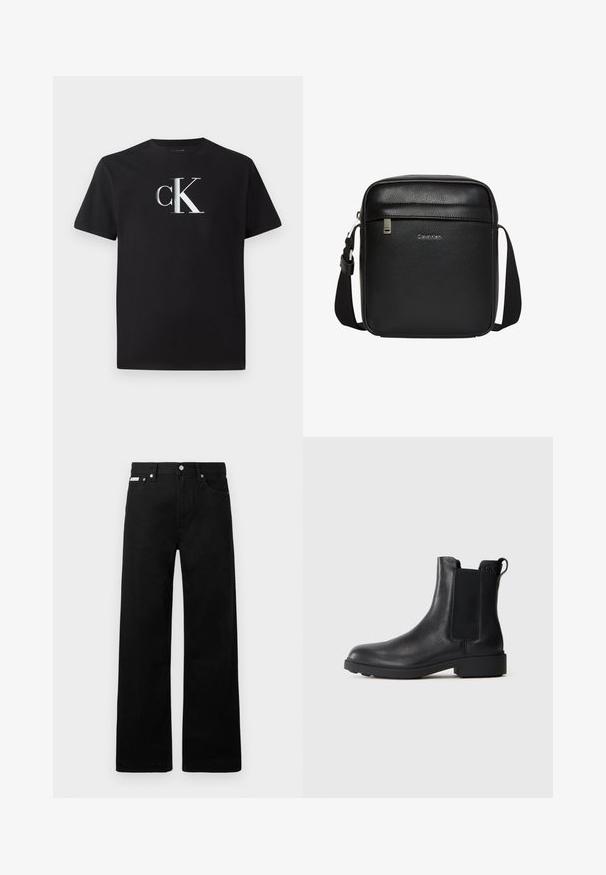 Schwarzes Baumwoll-T-Shirt mit einem silbernen "ck"-Logo auf der Vorderseite. Kurzärmlig und mit einem runden Halsausschnitt in regulärer Passform.; Schwarze Denim-Hose im weiten Bein-Design mit fünf Taschen und metallenen Knopfdetails. Glatte Textur, ohne sichtbare Muster.; Schwarze Leder-Stiefelette mit elastischen Seiteneinsätzen, Zugschlaufe an der Ferse und niedrigem Blockabsatz vor einem schlichten Hintergrund.; Schwarze Calvin Klein Umhängetasche mit verstellbarem Riemen, Frontreißverschlusstasche und dezentem Logo auf genarbter Lederoberfläche.
