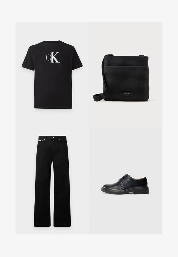 Zwarte katoenen t-shirt met een zilveren "ck" logo aan de voorkant. Korte mouwen en een ronde halslijn met een normale pasvorm.; Zwarte spijkerbroek met een wijd uitlopende pasvorm, voorzien van vijf zakken en metallic knopen. Gladde textuur, geen zichtbare patronen.; Zwarte leren oxford-schoen met ronde neus, vetersluiting aan de voorkant en een lage gestapelde hak op een effen lichte achtergrond.; Zwarte geweven schoudertas met een verstelbare schouderband, voorzien van een voorzak en een klein merkembleem. Glad, getextureerd oppervlak.