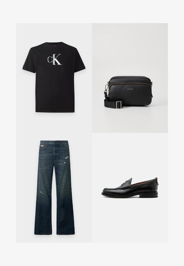 Schwarzes Baumwoll-T-Shirt mit einem silbernen "ck"-Logo auf der Vorderseite. Kurzärmlig und mit einem runden Halsausschnitt in regulärer Passform.; Weite Bein, dunkle Jeans aus Denim mit leichter Ausbleichung und beschädigten Stellen. Verfügt über einen Knopfverschluss und ein klassisches fünf Taschen-Design.; Schwarzer Leder-Herrenschuh mit Mokassinnaht, Penny-Riemen, strukturiertem Kragen und niedrigem gestapeltem Absatz auf weißem Hintergrund.; Schwarze Leder-Crossbody-Tasche mit zwei Reißverschlussfächern, strukturiertem Finish, verstellbarem Tragegurt und silbernen Hardware-Details. Calvin Klein-Logo angebracht.