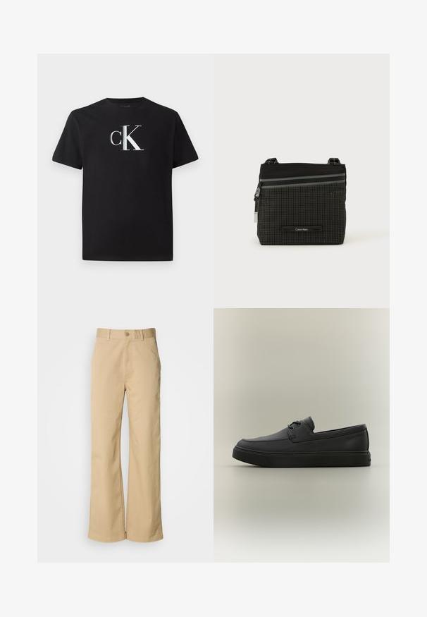 Zwarte katoenen t-shirt met een zilveren "ck" logo aan de voorkant. Korte mouwen en een ronde halslijn met een normale pasvorm.; Beige, wijde broek gemaakt van een katoenmix. Voorzien van een knoopsluiting en riemlussen. Soepele textuur, met minimale stikseldetails.; Zwarte casual leren loafer met veters en dikke rubberen zool, zijaanzicht op een neutrale achtergrond.; Zwart en grijs Calvin Klein schoudertasje met ruitpatroon, voorzak met ritssluiting en verstelbare riem op een witte achtergrond.