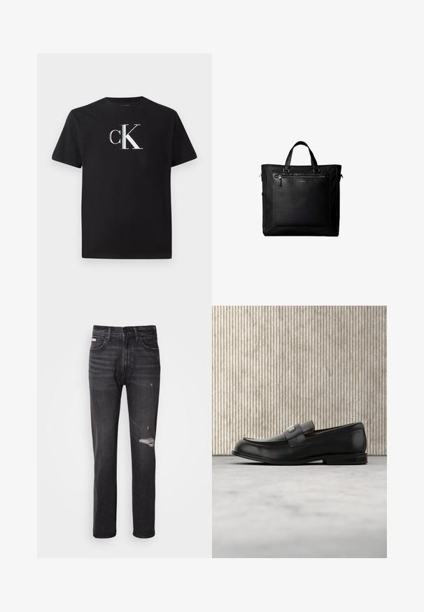 Schwarzes Baumwoll-T-Shirt mit einem silbernen "ck"-Logo auf der Vorderseite. Kurzärmlig und mit einem runden Halsausschnitt in regulärer Passform.; Schwarze Denim-Jeans mit gerade geschnittenem Bein, ausgefransten Details an den Knien, Fünf-Taschen-Stil und einem dezenten, ausgewaschenen Finish.; Schwarzer Lederloafer mit einer Metallmarkenplatte, der nahe einem braunen runden Tisch auf beigem Teppichboden ruht.; Schwarze Tragetasche mit Doppelgriffen, großer vorderer Ledertasche mit Reißverschluss und dezentem Calvin Klein-Logo in der Mitte der Tasche.