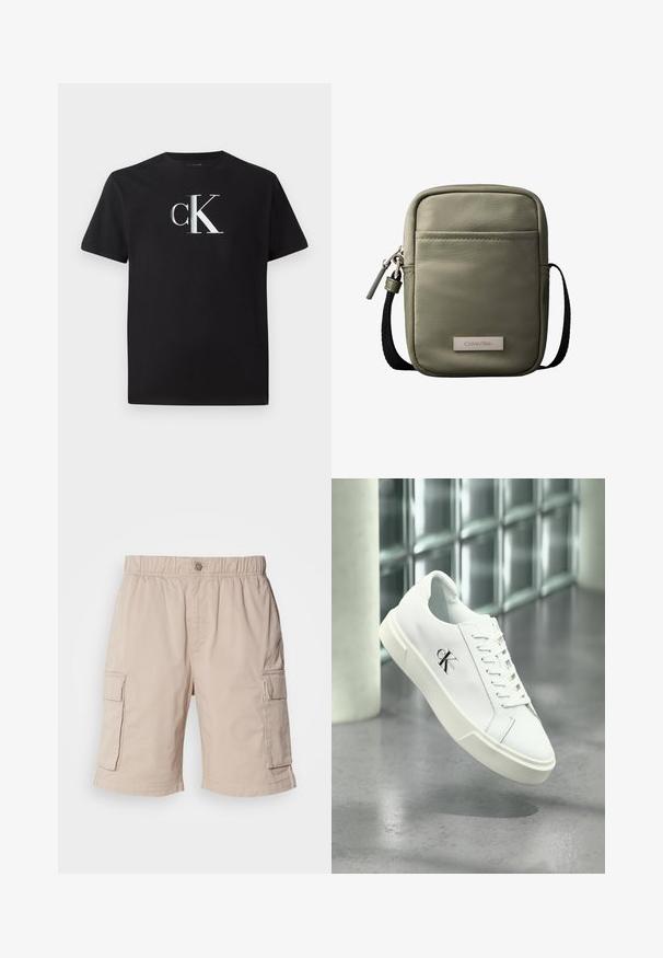 Zwarte katoenen t-shirt met een zilveren "ck" logo aan de voorkant. Korte mouwen en een ronde halslijn met een normale pasvorm.; Beige cargoshorts met een elastische tailleband, knoopsluiting, twee zijzakken en extra zakken op de dijen. Lichtgewicht stof.; Witte Calvin Klein sneaker met veters, zwevend getoond boven een gepolijste betonnen vloer en een achtergrond van glasblokken.; Compact olijfgroene crossbodytas met voorvak, zwarte verstelbare band, ritssluiting en Calvin Klein logoplaatje.