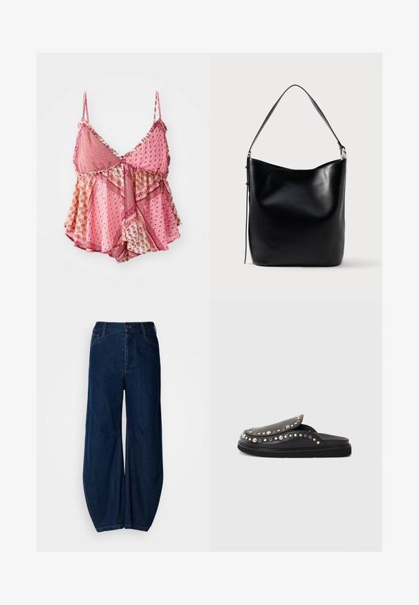 Lyserød mønstrede top med justerbare stropper, en V-halsudskæring, lagdelte flæser og dekorativt kantbånd med blomster- og geometriske motiver.; Mørkeblå denim brede benjeans med høj talje, knaplukning og to frontlommer. Har en glat struktur og synlige sømme.; Sorte læder slip-on sko med rund tå, prydet med metalnitter og en flad sål med teksturerede riller. Dekorative syninger er til stede.; Sort læder tote taske med en glat overflade, bred åbning og en enkelt skulderrem. Har et minimalistisk design med diskret hardware.