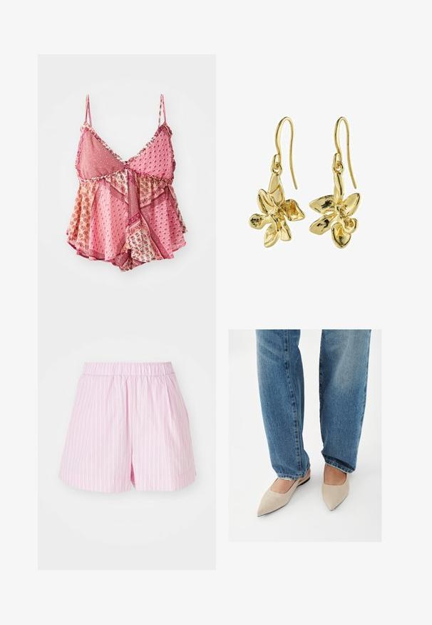 Lyserød mønstrede top med justerbare stropper, en V-halsudskæring, lagdelte flæser og dekorativt kantbånd med blomster- og geometriske motiver.; Lyserøde shorts med hvide lodrette striber, udstyret med elastisk talje og løs pasform, lavet af blødt, let stof.; Person iført blå jeans og beige spidse flade sko, stående på et hvidt gulv.; Gule blomstersmykker med en poleret finish, der har et krogdesign. Hver ørering viser en detaljeret, tredimensionel blomsterform.