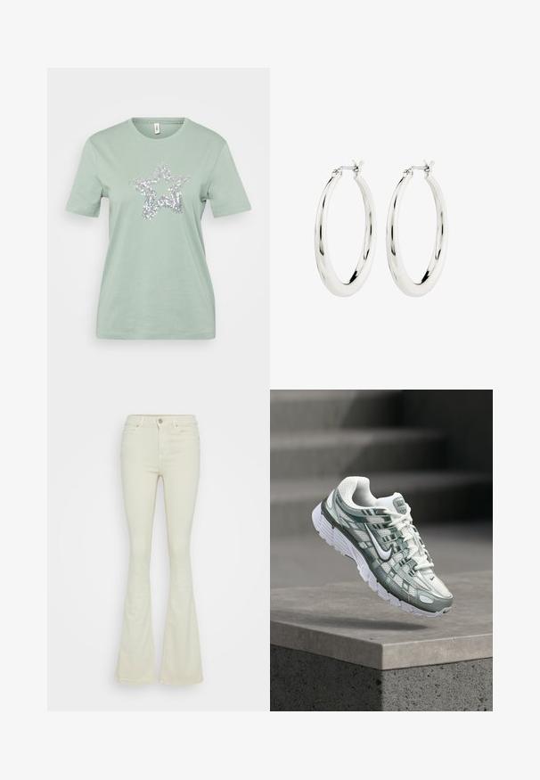 Lichtgroene katoenen T-shirt met korte mouwen, met een zilveren paillettenster ontwerp in het midden. Grote gladde textuur, standaard crew neck.; Uitlopende jeans van lichtbeige katoenen denim, met een hoge taille, vijf zakken en een klassieke metalen knoopsluiting met rits.; Witte en grijze Nike hardloopschoen met gedempte zool, zwevend boven een betonnen richel tegen een vervaagde grijze achtergrond.; Zilveren oorbellen in de vorm van een gladde, glanzende ring. Circulaire vorm, voorzien van een veilige sluiting. Eenvoudig en elegant ontwerp.