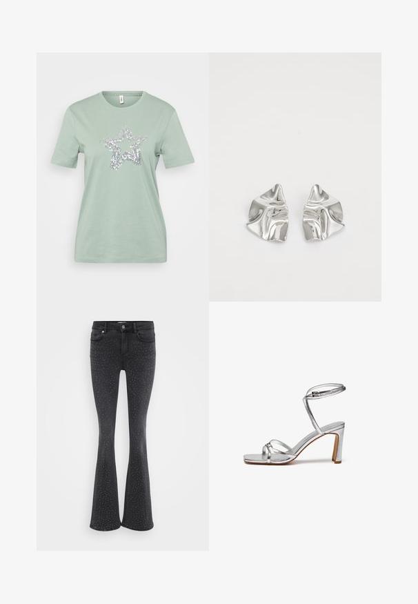 Lichtgroene katoenen T-shirt met korte mouwen, met een zilveren paillettenster ontwerp in het midden. Grote gladde textuur, standaard crew neck.; Zwarte flared jeans van denim, versierd met metallic studs. Vijf zakken en een sluiting met een knoop aan de voorkant.; Zilveren hoge hakken sandalen met een vierkante teen, dunne enkelband en vampbanden. Gladde metallic afwerking met een blokhak van 7,5 cm.; Zilveren metalen oorbellen met een golvend, sculpturaal ontwerp, voorzien van een gepolijste afwerking en onregelmatige vormen, die een hedendaagse esthetiek benadrukken.