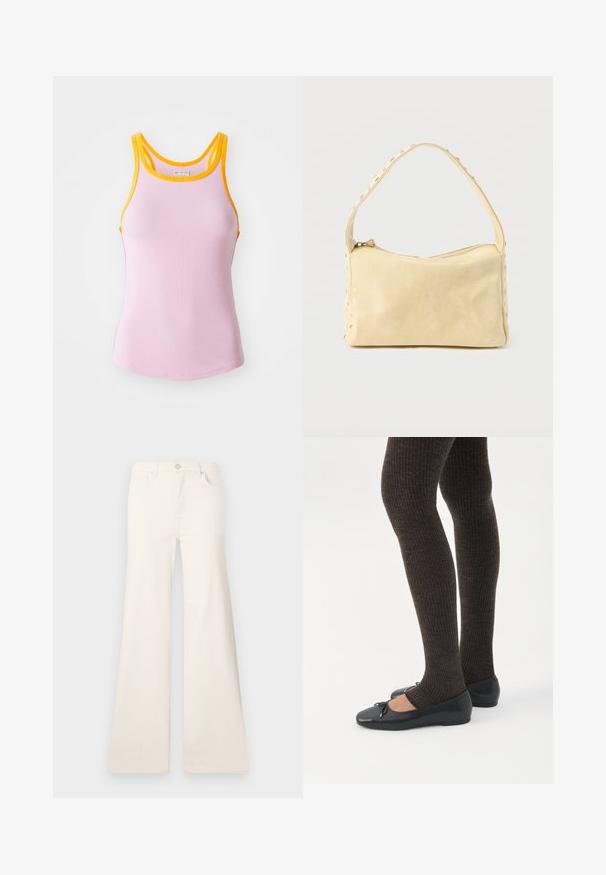 Débardeur rose à côtes avec des bords jaunes, arborant un design ajusté et un dos nageur. Texture douce avec un léger élasticité pour le confort.; ONLY Wide-fit ONLMADISON High waist Wide Leg Fit - Wide Leg - ecru; Jambes portant des leggings côtelés foncés associés à des ballerines noires avec de petits détails en nœud sur fond blanc.; Petit sac à main en cuir beige avec une seule bandoulière et des clous argentés le long des bords et de la bandoulière, posé sur un fond uni.