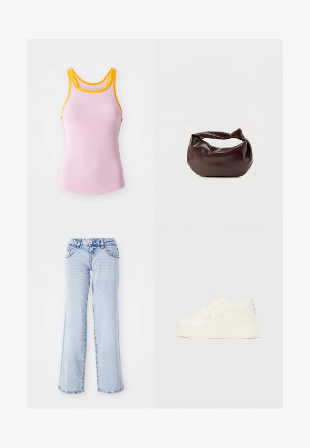 Débardeur rose à côtes avec des bords jaunes, arborant un design ajusté et un dos nageur. Texture douce avec un léger élasticité pour le confort.; Jean en denim bleu clair avec une coupe décontractée, jambes droites et décoloration subtile. Comprend cinq poches et passants de ceinture. Détail d'ourlet effilé.; Baskets à plateforme blanches avec double fermeture Velcro et clous argentés sur le talon, vues de côté sur un fond uni.; Sac bandoulière en cuir marron foncé avec une forme souple et décontractée et une anse nouée torsadée sur un fond blanc uni.