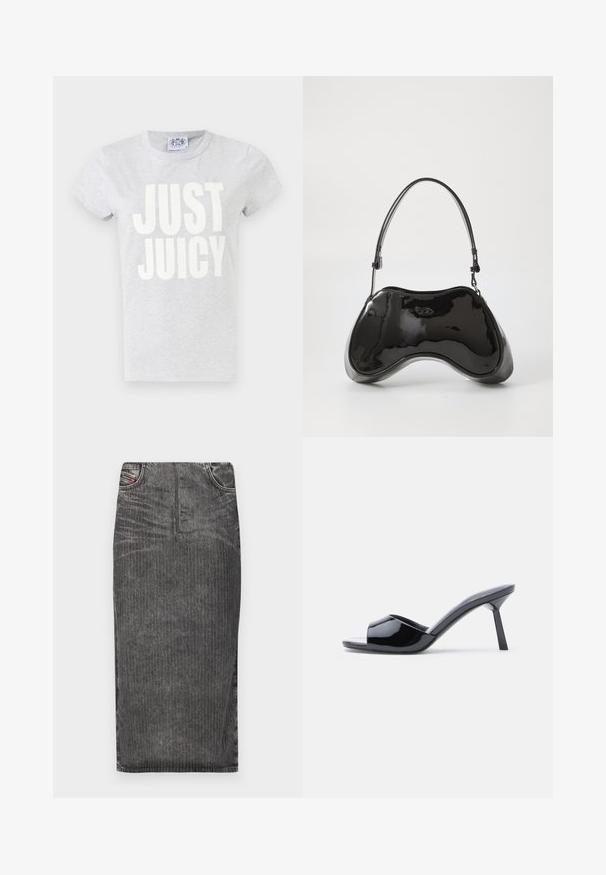 Grå bomulds t-shirt med korte ærmer og rund hals. Har stor hvid tekst "JUST JUICY" trykt på forsiden.; Grå denim midi-skjørt med vertikale striber, med høj talje, fem lomme-design og en ren kant.; Sorte laklæder sandaletter med åben tå, der har et buet overdesign og en spids stilethæl. Glat, blank finish.; Sort patentlæder håndtaske med en unik buet form, kort justerbar hank og en lynlåslukning i toppen. Glat tekstur med diskret branding.