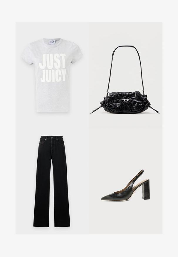 Grå bomulds t-shirt med korte ærmer og rund hals. Har stor hvid tekst "JUST JUICY" trykt på forsiden.; Sorte, vide jeans i denim med knaplukning foran, fem lommer og et lille logopatch på linningen.; Sort læder peep-toe slingback sko med høj blokhæl og beige indvendig foring mod en ensfarvet lys baggrund.; Sort læderhåndtaske med et opsamlet design og sløjfedetalje foran. Har en kort hank og sølvfarvede hardware-accenter.