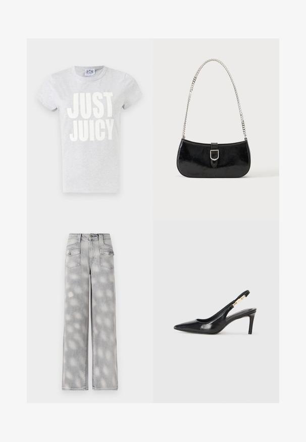 Grå bomulds t-shirt med korte ærmer og rund hals. Har stor hvid tekst "JUST JUICY" trykt på forsiden.; Lys grå denim brede bukser med høj talje, fire lommer og et falmet mønster for en afslappet pasform.; Sort læder slingback højhælede sko med spidse tæer, glat overflade og en smal ankelrem med guldfarvede hardware detaljer.; Sort skuldertaske i laklæder med sølv spænde og sølv kæderem, vist mod en ensartet lys baggrund.