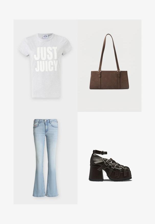 Graues Baumwoll-T-Shirt mit kurzen Ärmeln und Rundhalsausschnitt. Auf der Vorderseite befindet sich großer weißer Text "JUST JUICY".; Hellblaue Jeans mit ausgestelltem Bein, Fünf-Taschen-Design und Knopf- sowie Reißverschlussverschluss an der Taille.; Dunkelbrauner Plateau- Schuh mit dicker Sohle, mehreren Riemen mit Schnallen und einem Knöchelriemen mit runder Metallschnalle.; Braune rechteckige Schultertasche mit langen Trägern und minimalen Steppnähten vor einfarbigem Hintergrund.