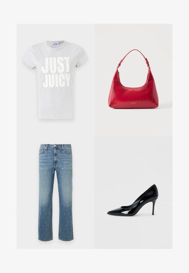 Graues Baumwoll-T-Shirt mit kurzen Ärmeln und Rundhalsausschnitt. Auf der Vorderseite befindet sich großer weißer Text "JUST JUICY".; Blaue Jeans aus Denim mit geradem Beinverlauf, versehen mit einem gepunkteten Muster aus kleinen silbernen Verzierungen und klassischem Fünf-Taschen-Design.; Schwarze Lacklederpumps mit spitzer Zehenpartie und schlankem Stiletto-Absatz. Glatte Textur mit glänzender Oberfläche und minimalistischem Design.; Rote Lederschultertasche mit goldenem Reißverschluss und verstellbarem Schulterriemen, Calvin Klein Logo mittig vorne.
