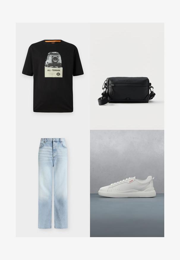 Sort bomulds T-shirt med rund hals, der har et grafisk print af et klassisk køretøj og teksten "ALL - TERRAIN" på brystet.; Lyseblå, højtaljede jeans med rette ben, forlommer, bæltestropper og knaplukning.; Hvide sneakers med en glat læderfinish, rund tå, fire snørehuller, subtile perforeringer og en rød logo detalje på siden.; Sort rektangulær crossbody taske med front lynlåslomme, justerbar rem og præget "BOSS" logo øverst i midten.