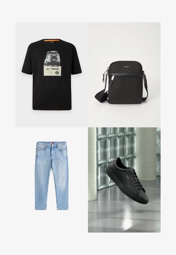 Sort bomulds T-shirt med rund hals, der har et grafisk print af et klassisk køretøj og teksten "ALL - TERRAIN" på brystet.; Lyseblå afslappede jeans med fem lommer, knaplukning og let slid, lagt fladt på en hvid baggrund.; Sort lavtopet lædersneaker med sorte snørebånd og gyldent BOSS-logo på siden, svævende over en blank grå gulv i et moderne indendørs rum.; Sort crossbody taske med et struktureret stof, logo på fronten, lynlås lukning og justerbar rem. Har en glat læderkant.