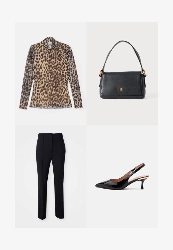 Leopardi mustriga pikkade varrukatega pluus ümmarguse kaeluse ja kerge kangaga, millel on beežid ja pruunid mustrid.; Mustad ülikondade püksid, sirge sääre disainiga, valmistatud siledast kangast. Need on varustatud lameda eest ning küljetaskutega funktsionaalsuse jaoks.; Mustast lakknahast slingback-kingad terava ninaga ja madala kassi kontsaga valgel taustal.; Mustast nahast käekott, millel on struktureeritud kuju, tekstureeritud pind, kuldne aksent käepidemel ja ees väike logo.