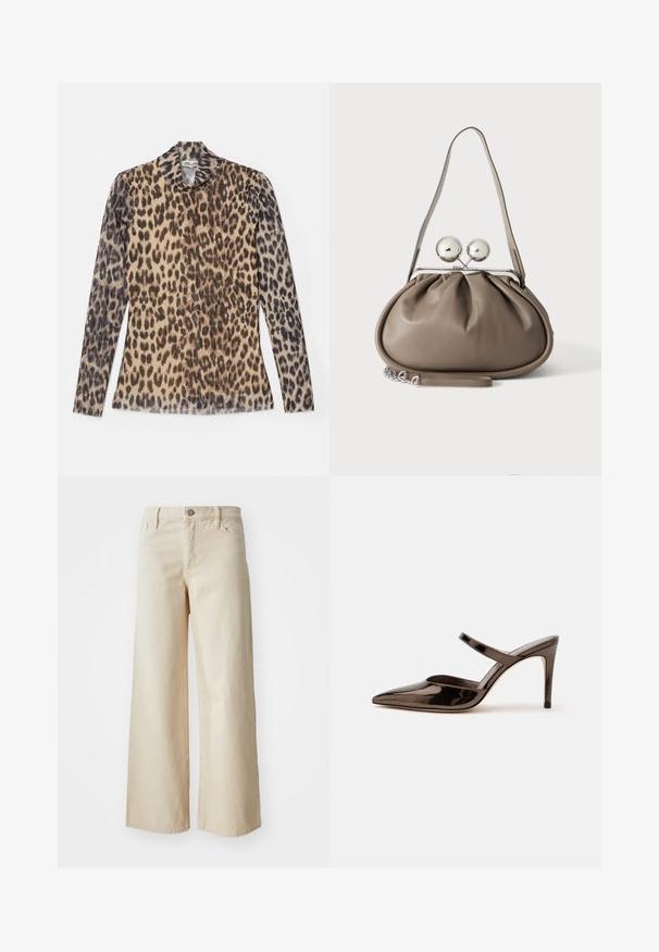 Halslange top met panterprint en lange mouwen, gemaakt van een lichte stof met beige en bruine patronen.; Beige wijdvallende jeans van denim, met een hoge taille, knoopsluiting, riemlussen en zijzakken. Gladde textuur en relaxed fit.; G glanzende donkerbruine mule met spitsen neus en hoge hak met een smalle band over de wreef op een effen witte achtergrond.; Grijze leren handtas met afgeronde vorm, bovenste sluiting met twee grote zilveren bollen en een enkele schouderriem.