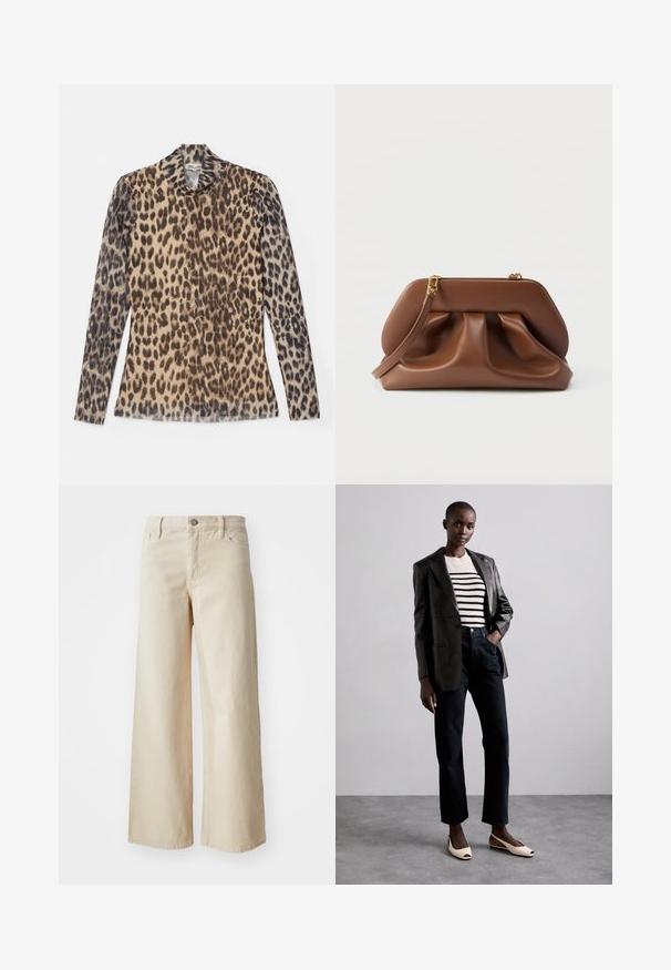 Langærmet top med leopardprint og rund hals, lavet af et let stof med beige og brune mønstre.; Beige brede bukser lavet af denim med høj talje, knaplukning, bæltesløjfer og sidelommer. Glat tekstur og afslappet pasform.; GIABORGHINI VERA - Ballerina peep-toe - cream; Brun clutchtaske i læder med rynket design, guldfarvet hardware og aftagelig håndledsrem på hvid baggrund.