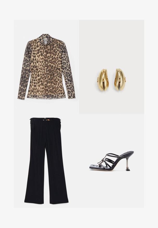 Top de manga larga con estampado de leopardo y cuello redondo, hecho de una tela ligera que presenta patrones en beige y marrón.; Pantalones negros de campana hechos de una tela suave, con cintura elástica y bolsillos laterales. El diseño presenta una textura lisa sin patrones visibles.; Sandalia negra de tacón alto con tiras, punta cuadrada y tacón de aguja delgado, con tiras superpuestas y un detalle anudado en la parte superior.; Pendientes en tono dorado con un diseño fluido y curvado. Cada pendiente cuenta con una superficie lisa y un pequeño cierre con un detalle decorativo.