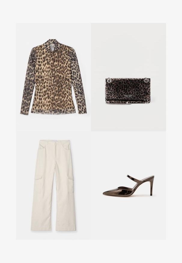 Top de manga larga con estampado de leopardo y cuello redondo, hecho de una tela ligera que presenta patrones en beige y marrón.; Pantalones cargo crema hechos de un tejido texturizado, con dos bolsillos laterales, un diseño de pierna recta y una cintura ajustada con cierre frontal.; Mule de tacón alto de punta estrecha de color marrón oscuro brillante con una tira delgada sobre el empeine sobre un fondo blanco liso.; Bolso de mano con estampado de leopardo en material sintético brillante, con herrajes en tono plateado y correa de cadena. Forma rectangular con cierre de cremallera.