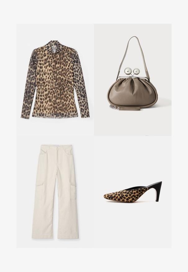 Halslange top met panterprint en lange mouwen, gemaakt van een lichte stof met beige en bruine patronen.; Crèmekleurige cargobroek van textuurstof, met twee zijzakken, een rechte pijpdesign en een aansluitende taille met sluiting aan de voorkant.; Puntschoen muilezool met luipaardprint bovenwerk en zwarte middelhoog stilettohak op een effen witte achtergrond.; Grijze leren handtas met afgeronde vorm, bovenste sluiting met twee grote zilveren bollen en een enkele schouderriem.