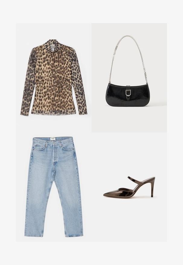 Halslange top met panterprint en lange mouwen, gemaakt van een lichte stof met beige en bruine patronen.; Lichtblauwe denim jeans met een klassieke rechte pasvorm, vijf zakken en een knoopsluiting, met subtiele vervaging en een stevige textuur.; G glanzende donkerbruine mule met spitsen neus en hoge hak met een smalle band over de wreef op een effen witte achtergrond.; Zwarte lakleren schoudertas met een zilveren gespdetail en een zilveren kettingriem, getoond tegen een effen lichte achtergrond.