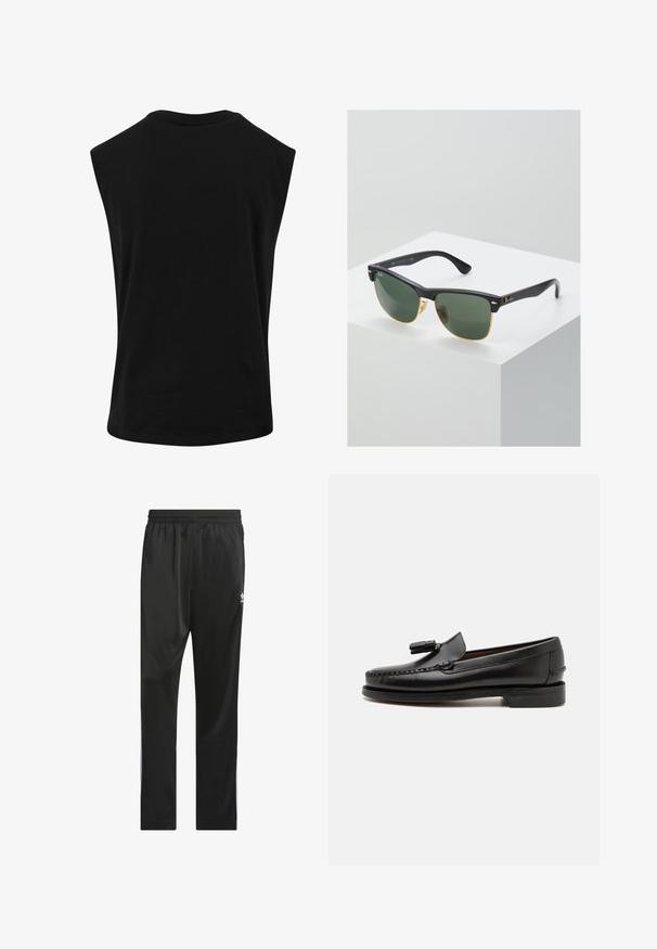 Haut noir sans manches en matériau lisse et léger avec un col rond et une coupe décontractée. Aucun motif ou accent visible.; Pantalon de sport noir en matériau lisse et léger. Doté d'une taille élastique et de rayures blanches sur les côtés avec un logo sur la cuisse.; Mocassins en cuir noir avec couture mocassins, bout rond et ornement de pampille. Talon plat avec une texture lisse, conçus pour un port décontracté.; Lunettes de soleil Ray-Ban avec des verres verts, monture en plastique noir et accents dorés sur les bords. Forme carrée avec une finition mate.