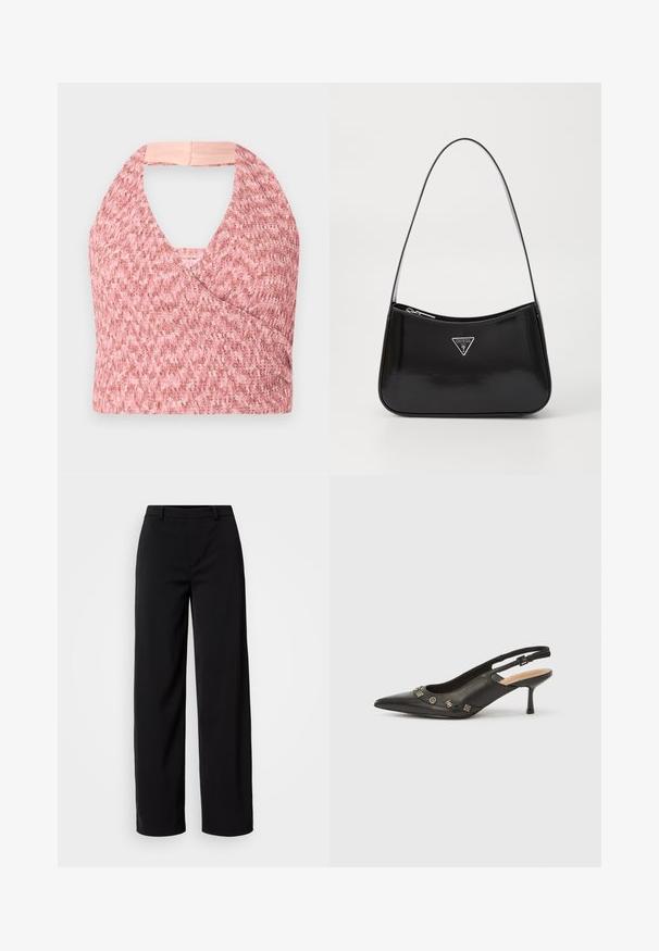 Top halter rosa claro elaborado con un tejido de punto texturizado con un diseño de envoltura, que presenta una suave banda beige en la parte posterior para un ajuste seguro.; Pantalones de pierna ancha negros, hechos de una tela suave, con una cinturilla clásica y una silueta ajustada que incluye bolsillos frontales.; Zapato de tacón con talón descubierto en piel negra, punta puntiaguda, tacón pequeño y detalles metálicos decorativos a lo largo de la abertura frontal. Textura lisa.; Bolso de hombro de charol negro con forma curva, que presenta un logotipo triangular plateado y un cierre de cremallera. Textura suave y correa delgada.