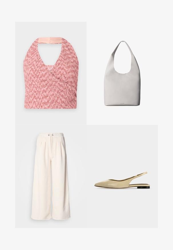 Lichtroze haltertop van textuurgebreide stof met een wikkelontwerp, voorzien van een zachte beige band aan de achterkant voor een veilige pasvorm.; Roomy, crèmekleurige broek van zachte stof, met een elastische tailleband en een aantrekkoord, afgewerkt met plooien aan de voorkant voor een mooie pasvorm.; Beige platte slingback schoen met puntige neus, lage zwarte hak en een glad leren afwerking, zijaanzicht op een effen achtergrond.; Witte leren totebag met een enkele schouderriem, zachte textuur en een discreet Calvin Klein-logo nabij het midden onderaan.
