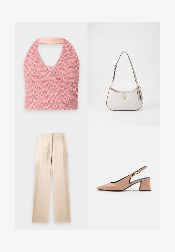 Haut halter rose clair en tissu tricoté texturé avec un design enroulé, comportant une bande beige douce à l'arrière pour un ajustement sûr.; Pantalon beige en tissu lisse. Présente une coupe droite, un devant plat et deux plis. Sans motifs visibles ni accessoires.; Chaussure slingback à bout pointu en cuir verni nude brillant, avec un talon bloc moyen et des détails en métal doré sur la sangle.; Sac à main texturé blanc avec une forme incurvée, des finitions dorées, une bandoulière amovible et un accent de logo. Comprend une étiquette porte-clés avec la marque.