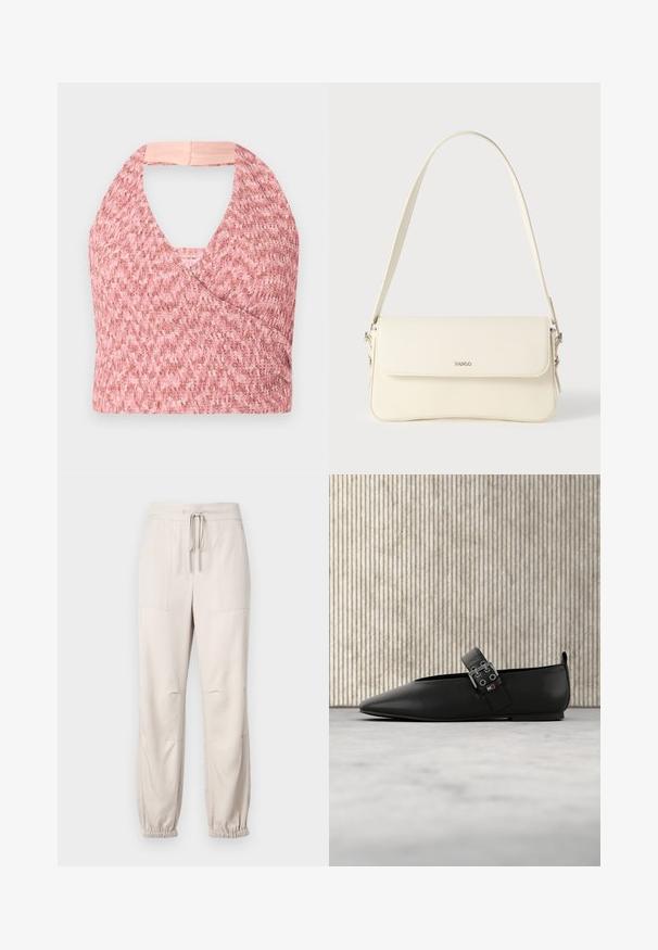 Lys pink halterneck top lavet af tekstureret strikket stof med et omslag design, der har en blød beige kant bagpå for en sikker pasform.; Beige, lette bukser med elastisk talje, snøre detaljer og elastiske mansjetter. Har to frontlommer og en glat tekstur.; Sort læder flad sko med spids tå og sidelæderstropp, med sølv hardware. Glat tekstur mod en neutral tæppebaggrund.; Cremefarvet læder skuldertaske med flaplukning, sølvfarvet beslag, en enkelt justerbar rem og diskrete logodetaljer.