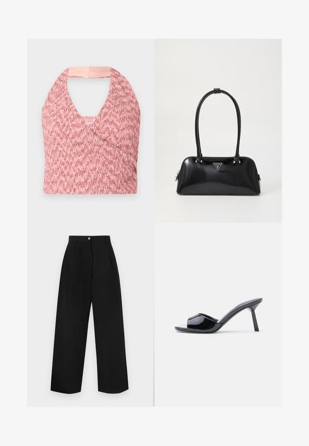 Top halter rosa claro elaborado con un tejido de punto texturizado con un diseño de envoltura, que presenta una suave banda beige en la parte posterior para un ajuste seguro.; Pantalones de pierna ancha negros que presentan un frente plano, dos pliegues, un cierre de botón sencillo y una textura suave. No hay bolsillos visibles.; Sandalias de tacón con punta abierta de charol negro, con un diseño superior curvado y tacón de aguja cónico. Acabado liso y brillante.; Bolso de mano negro brillante con una silueta curva, dos asas y una placa de logo en la parte frontal. Cierre de cremallera y acentos de hardware brillante.