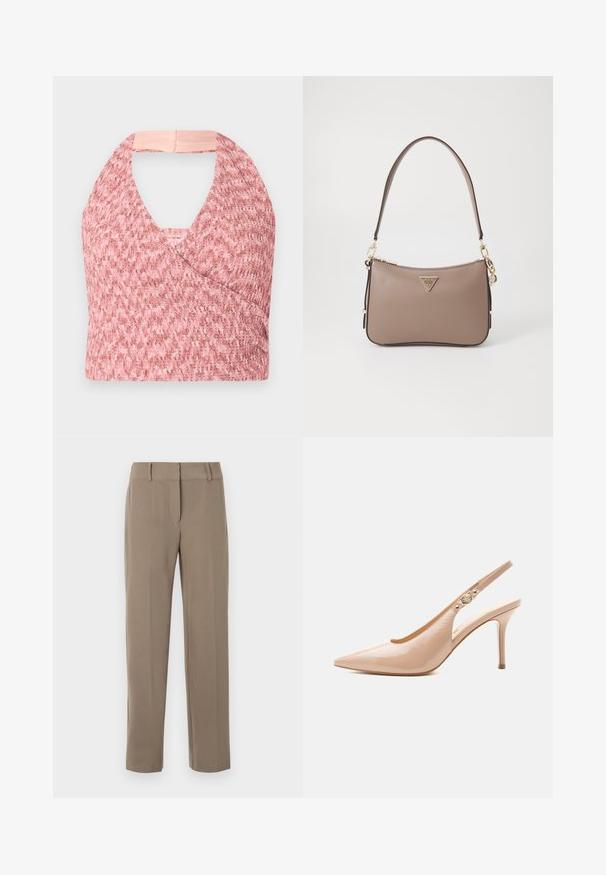 Top halter rosa claro elaborado con un tejido de punto texturizado con un diseño de envoltura, que presenta una suave banda beige en la parte posterior para un ajuste seguro.; Pantalones caqui de pierna recta con trabillas para cinturón y cierre frontal de cremallera sobre fondo blanco.; Zapato slingback de tacón alto de piel patentada beige con punta puntiaguda y pequeño detalle de hebilla dorada en la correa.; Bolso de mano sintético marrón con forma curva, que presenta un logo triangular dorado, acentos de hardware dorado y una correa para el hombro delgada.