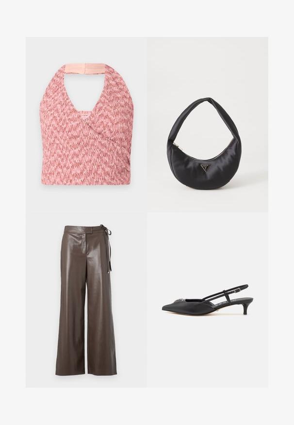 Top halter rosa claro elaborado con un tejido de punto texturizado con un diseño de envoltura, que presenta una suave banda beige en la parte posterior para un ajuste seguro.; Pantalones de imitación cuero marrón de pierna ancha con cintura alta y detalle de lazo lateral sobre un fondo blanco.; Zapatos slingback negros con punta afilada, hechos de material suave, con un pequeño tacón y un acento decorativo plateado en el empeine.; Bolso de satén negro con forma curva, que cuenta con un cierre de cremallera y un logo triangular en metal en la parte delantera. Textura suave y diseño elegante.