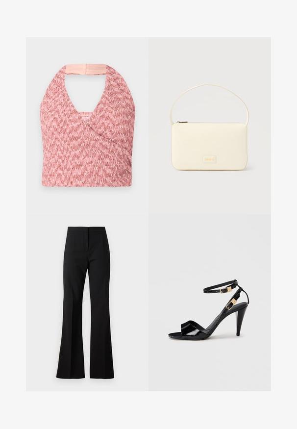 Haut halter rose clair en tissu tricoté texturé avec un design enroulé, comportant une bande beige douce à l'arrière pour un ajustement sûr.; Pantalon noir évasé en tissu lisse, avec une taille haute, des plis sur le devant et une finition nette aux ourlets.; Sandale à talon haut en cuir verni noir avec double bride de cheville et boucles dorées, bout ouvert, et talon effilé sur fond neutre.; Sac à main rectangulaire de couleur crème avec une seule sangle et une fermeture éclair sur le dessus, comportant une petite plaque de logo embossé à l'avant.