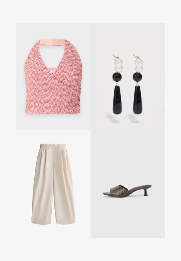 Lys pink halterneck top lavet af tekstureret strikket stof med et omslag design, der har en blød beige kant bagpå for en sikker pasform.; Beige bredbenede bukser med elastisk talje og læg, lavet af let stof, velegnet til både hverdag og formelt brug.; Brune mule med hæl i krokodilletekstureret læder, åben tå og slank stiletthæl. Glat finish og minimalistisk design.; Sort og hvide øreringe med to runde, polerede sorte perler, to teksturerede hvide perler og afsmalnede sorte dråber, alt sammen på sølvhardware.