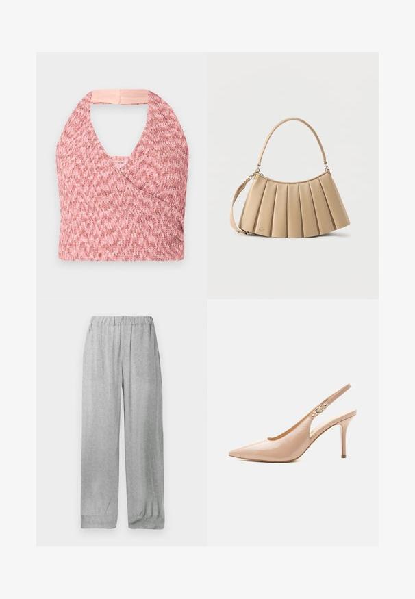 Top halter rosa claro elaborado con un tejido de punto texturizado con un diseño de envoltura, que presenta una suave banda beige en la parte posterior para un ajuste seguro.; Pantalones de cintura elástica en gris claro con un sutil patrón floral blanco por todo, corte recto y holgado, con bajos puños.; Zapato slingback de tacón alto de piel patentada beige con punta puntiaguda y pequeño detalle de hebilla dorada en la correa.; Bolso beige plisado para el hombro con asa superior redondeada y correa desmontable, hecho de cuero liso con un detalle sutil del logo cerca de la base.
