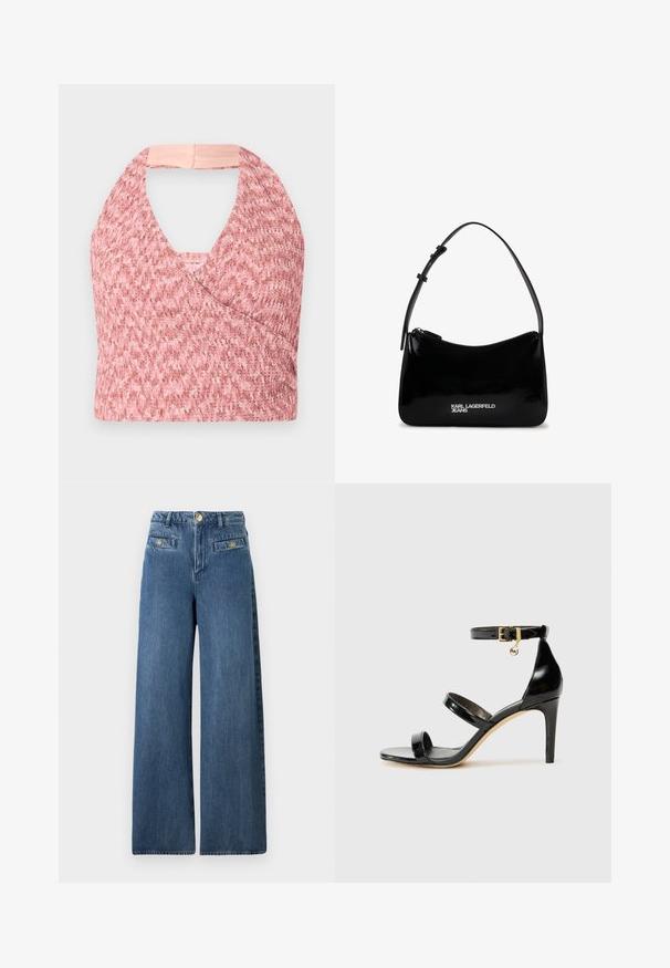 Heled roosa halter-top, mis on valmistatud tekstureeritud kudumisest ja millel on kattev disain, tagaküljel on pehme beež riba, mis tagab kindla istuvuse.; Sinised denimpüksid laia säärega ja kõrge vöökohaga, millel on kuldse tooniga nööpdetailid ja kaks tagataskut. Kangas on klassikalise ja pehme tekstuuriga.; Must musta nahk sandaal kolme rihmaga, pahkluu vööga ja 4-tollise stilettakontsaga. Omab kuldset detaili ja logovõtit.; Must patenteriga õlakott kaarekujulise siluetiga, reguleeritava rihmaga ja hõbedase logoga esiküljel. Ülemine lukuga sulgur.