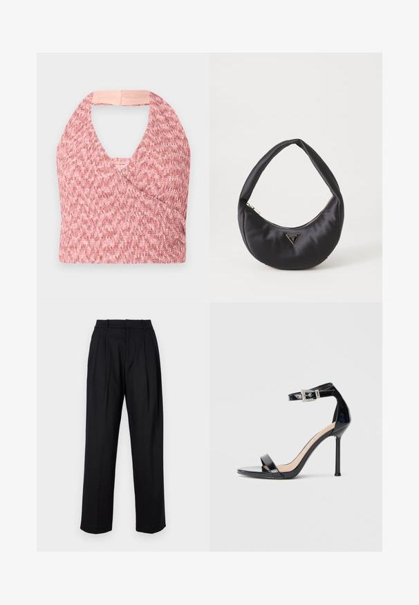 Top halter rosa claro elaborado con un tejido de punto texturizado con un diseño de envoltura, que presenta una suave banda beige en la parte posterior para un ajuste seguro.; Pantalones negros con un diseño a medida, que presentan una cintura alta, pliegues y un corte recto. Fabricados en tejido suave de color sólido.; Sandalia de tacón alto en piel sintética negra con correa en el tobillo. Presenta un diseño minimalista, punta abierta y una hebilla con detalles de pedrería.; Bolso de satén negro con forma curva, que cuenta con un cierre de cremallera y un logo triangular en metal en la parte delantera. Textura suave y diseño elegante.