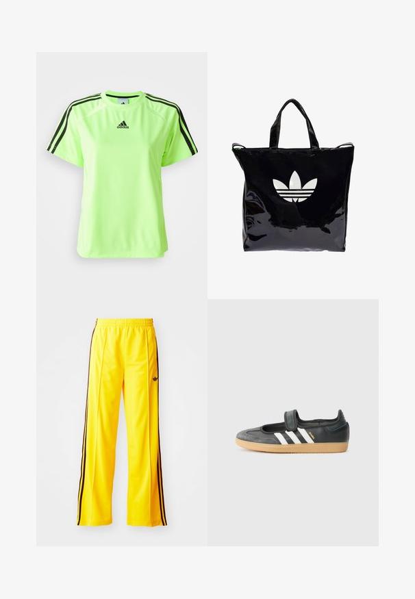 Camiseta deportiva de color verde neón, fabricada con tejido que absorbe la humedad. Presenta un diseño de tres rayas negras en los hombros y un logo centrado en el pecho.; Pantalones deportivos amarillos con rayas laterales negras y una cintura elástica. Hechos de un material suave y ligero. Presenta un logo en el muslo.; Zapatilla de deporte de cuero negro y ante con una correa de Velcro, que presenta tres rayas blancas y una suela de goma, etiquetada "SAMBA" en el lateral.; Bolso tote negro de charol con dos asas, que presenta un gran logo blanco de Adidas y tres franjas horizontales en la parte frontal.