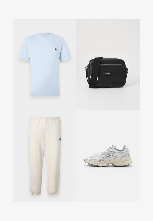 T-shirt à manches courtes bleu clair en coton doux. Présente un petit logo de crocodile brodé en vert sur la poitrine.; Pantalon de jogging beige clair en coton, doté d'une taille élastique, de poignets en côtes et d'un logo vert avec un design de feuille sur la jambe gauche.; Baskets de sport blanches avec des accents gris, tige en maille et synthétique, design à lacets et semelle en caoutchouc texturée avec motifs de traction.; Sac messenger noir en matériau synthétique texturé, quincaillerie argentée, bandoulière réglable, avec plaque logo à l'avant et fermeture éclair.