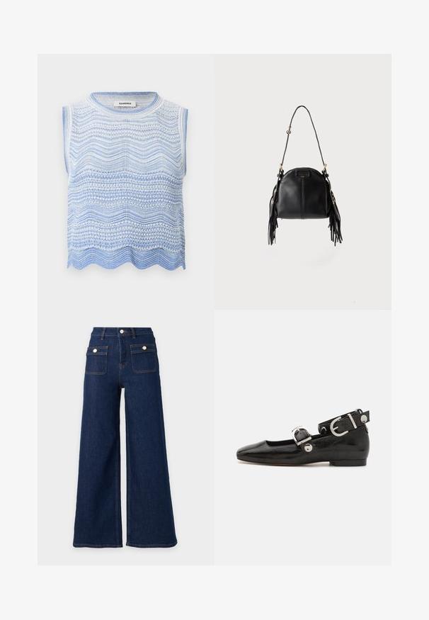Haut sans manches en maille blanche et bleu clair avec des motifs ondulés horizontaux et un ourlet festonné, étiquette "Sandro" à l'intérieur du col.; Jeans en denim bleu foncé à jambes larges, taille haute et deux poches avant à rabat avec boutons.; Ballerine en cuir verni noir avec un bout carré, sangle de cheville avec des détails en métal argenté et semelle plate. Texture lisse avec un design minimaliste.; Sac à main en cuir noir avec une forme courbée, une longue bandoulière réglable et des franges de chaque côté sur un fond clair.