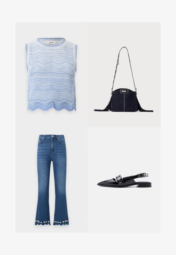 Haut sans manches en maille blanche et bleu clair avec des motifs ondulés horizontaux et un ourlet festonné, étiquette "Sandro" à l'intérieur du col.; Jean en denim bleu moyen avec jambes évasées, ourlets effilochés et ornements décoratifs de perles et de fleurs le long des bords inférieurs.; Ballerine pointue en cuir verni noir avec double boucle argentée et talon slingback sur fond blanc.; Sac à main en daim bleu foncé avec des coutures blanches, une poignée découpée, une bandoulière à motif et de longues franges des deux côtés.